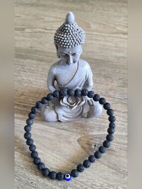 Black Lava Bead Anklet with Blue Evil Eye Accent Bead